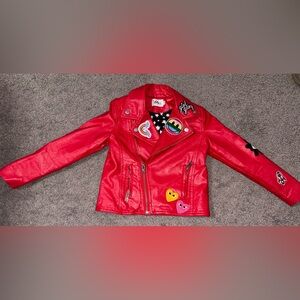 Girls Size 9 Lola + The Boys “Out Of This World” Patched Red Leather Moto Jacket